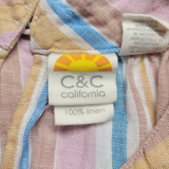 C&C California Medium Pastel Pink Blue Striped Round Neck Sleeveless Linen Dress - Picture 8 of 10